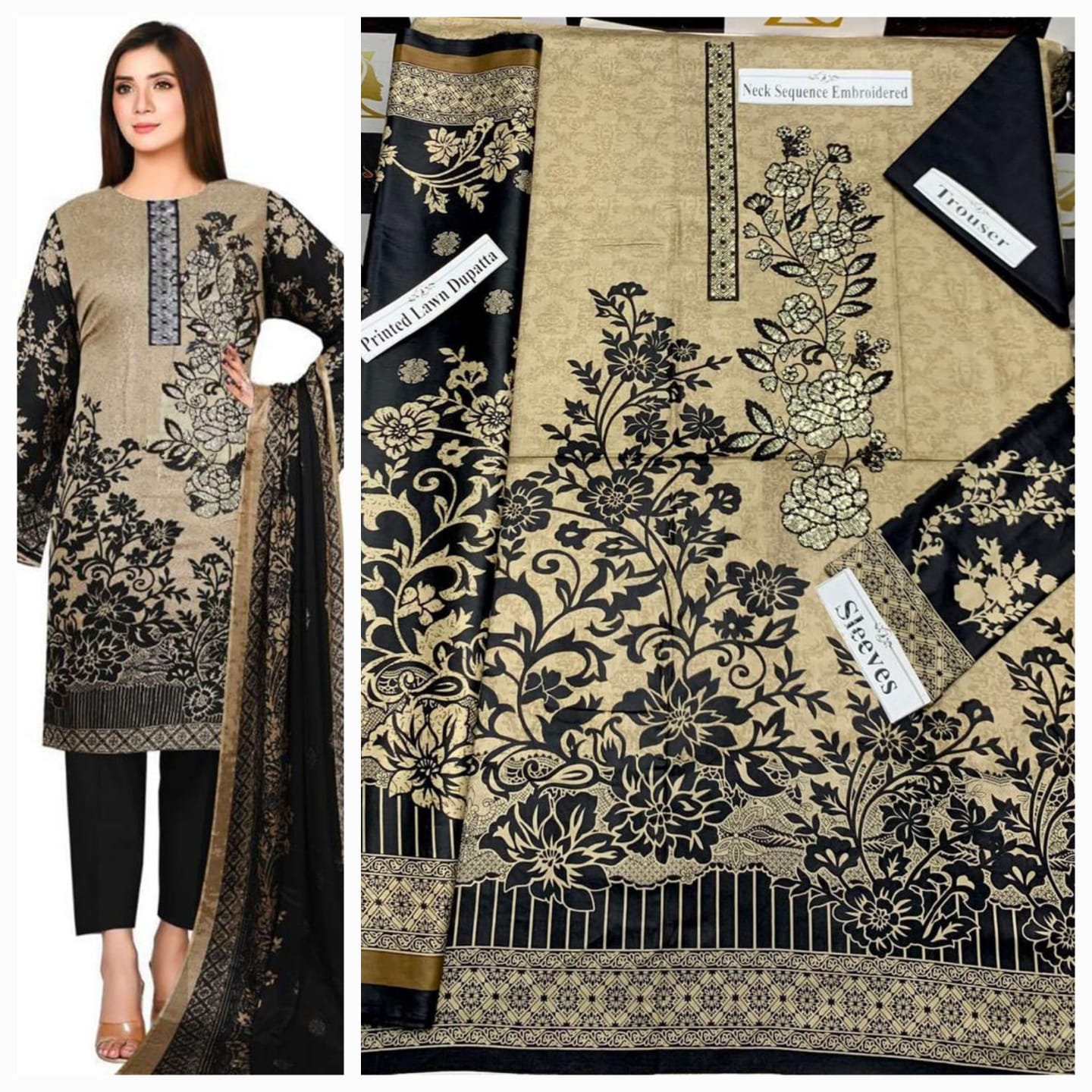 3pc Neck Embroidered 9070 Lawn with Lawn duppata articles-black