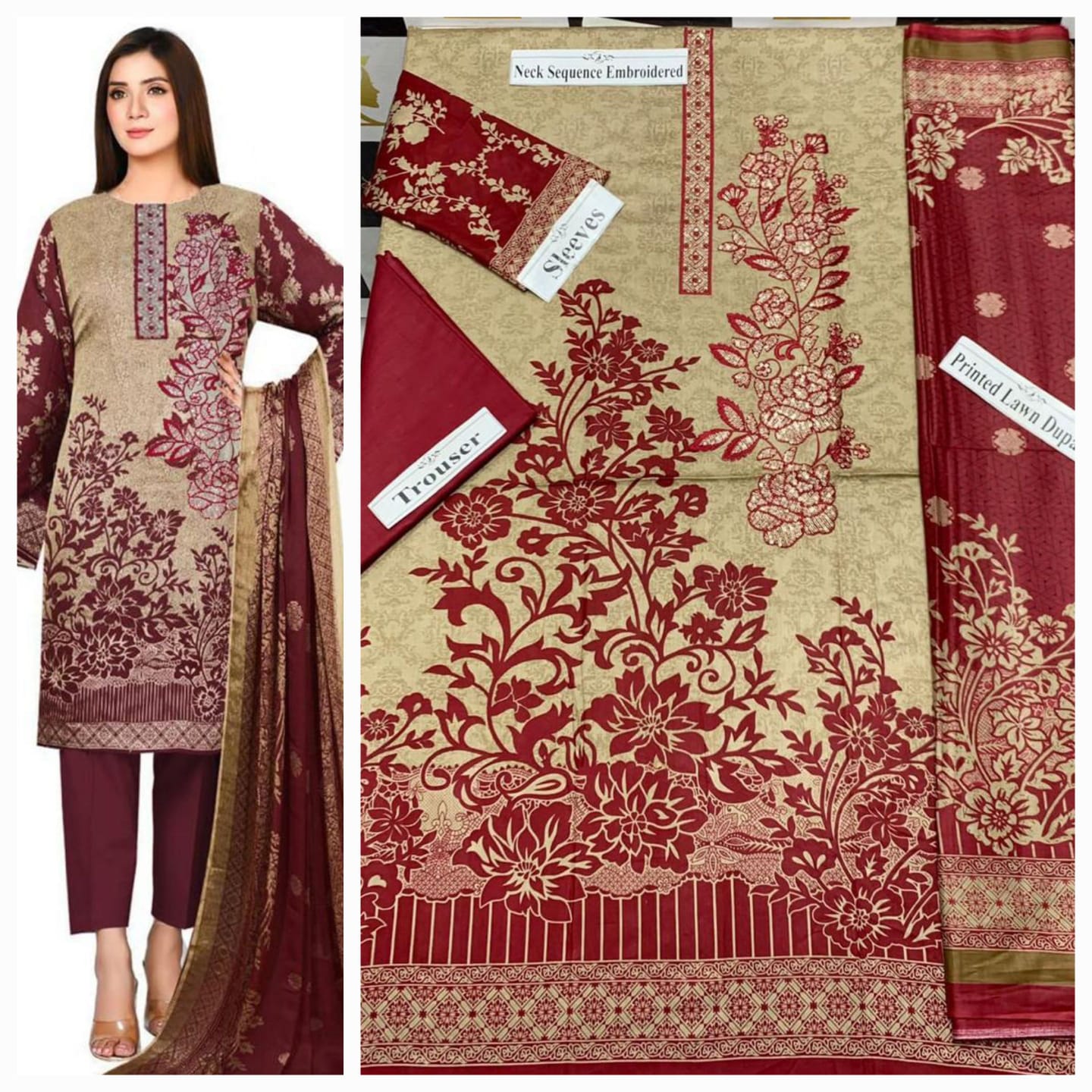 3pc Neck Embroidered 9070 Lawn with Lawn duppata articles brown