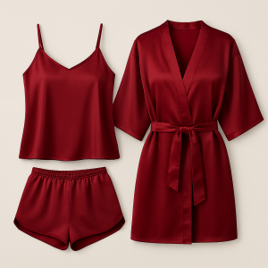 3-Piece Satin Sleepwear Set for Women – Camisole, Shorts & Robe | Elegant Nightwear & Loungewear – Free Size (DC-3003) - Image 4