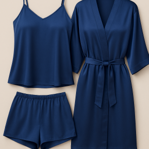 3-Piece Satin Sleepwear Set for Women – Camisole, Shorts & Robe | Elegant Nightwear & Loungewear – Free Size (DC-3003) - Image 3