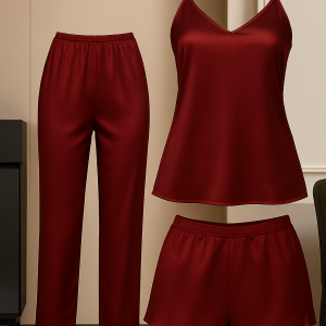 3-Piece Satin Sleepwear Set for Women | Camisole with Pajama & Shorts Combo | Free Size 28–38 | Available in Maroon, Black & Blue (DC-3005) - Image 3