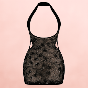 Sheer Glitter Halter Mini Dress – Keyhole Front, Open Back, Body Stocking Style (Black, Free Size) - Image 3