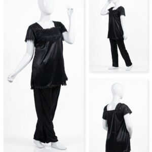 2 Pcs Premium Silk Lace Women's Sleepwear Set T-Shirt & Trouser Nightwear (Free Size) - Image 2