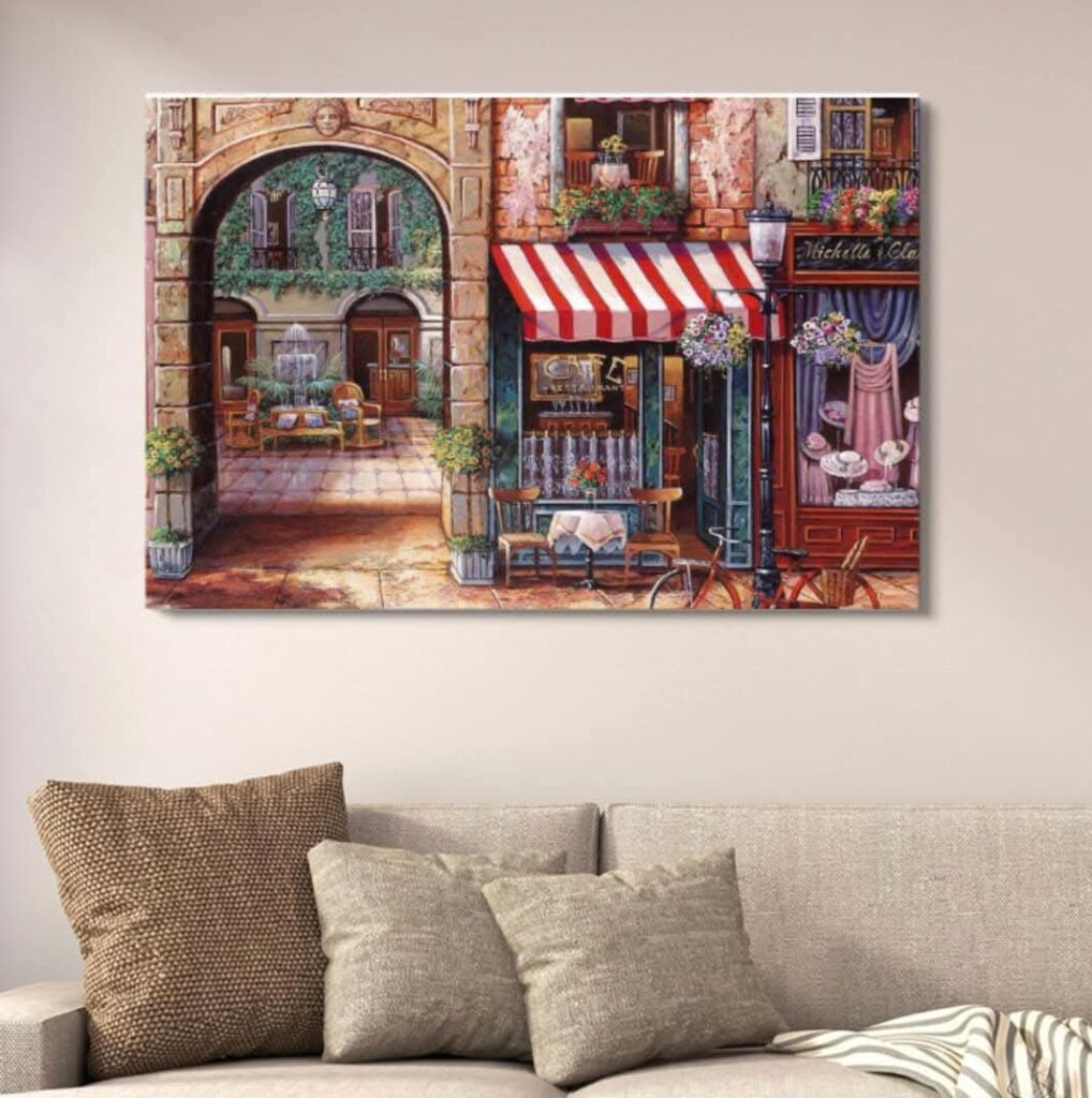Romantic European Café Wall Art Canvas | Vibrant Street Scene Painting for Home Decor | Large Landscape Wall Decor - 12x16 Inches