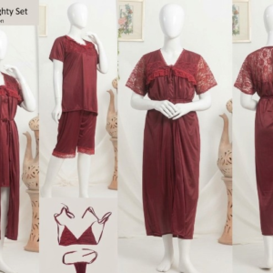 6 PCs Bridal Satin Nighty Set with Matching Thong & Bralette Free Size - Image 4