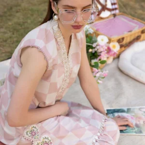 Luxury All-Over Checkerboard Print Embroidered Lawn 3Pc Unstitched Suit with Chiffon Dupatta – EID & Party Wear - Image 2