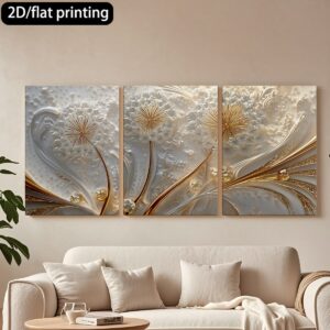 Luxury 3-Piece Floral Wall Frame Set – Gold & Pearl Dandelion Art on Textured Background - Image 1