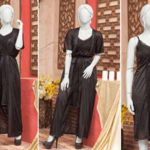 3 Pcs Premium Silk Nightwear Set With Lace | Satin Camisole & Shorts Sleepwear Free Size - Image 1