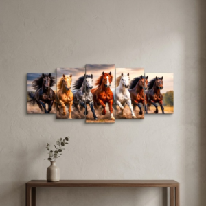 Seven Galloping Horses Panoramic Wooden Wall Art Frame Set | 5-Piece Majestic Equine Wildlife Sticky Tiles | Modern Success & Speed Decor | 40x16 Inch - Image 1