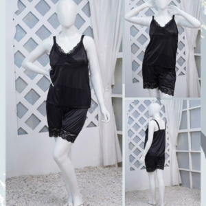Women's Silk Nightwear Set with Black Lace – 2 Piece Cami Top & Shorts Sleepwear (Free Size) [SKU R-012] - Image 4