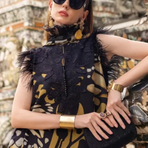 Maria B Printed Embroidered Lawn 3PC Unstitched Suit with Chiffon Dupatta – Black & Mustard - Image 3