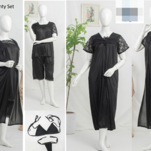6 PCs Bridal Satin Nighty Set with Matching Thong & Bralette Free Size - Image 2