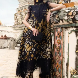Maria B Printed Embroidered Lawn 3PC Unstitched Suit with Chiffon Dupatta – Black & Mustard - Image 2