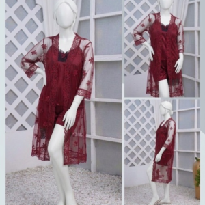 3 Pcs Luxurious Silk & Net Black Lace Women's Sleepwear Set Top Short & Gown Nightwear (Free Size) - Image 3