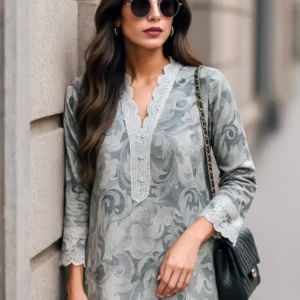 ANEELA’S Luxury Embroidered Lawn 3 Piece Unstitched Suit – Grey Floral Summer Collection - Image 2