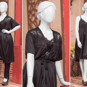 3 Pcs Luxury Silk Nightwear Set with Lace Trim – Satin Sleepwear for Women Free Size - Image 3