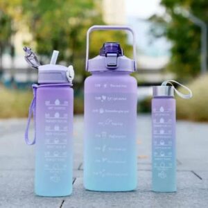 3 Piece Motivational Water Bottle Set BPA Free Plastic Gradient Colors For Students Fitness And Daily Use | Random Color - Image 1