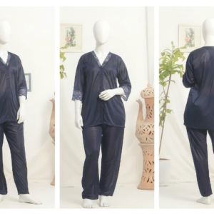 Women’s Luxury Silk Satin Pajama Set with Elegant Lace Trim SKU R-010 Free Size - Image 3