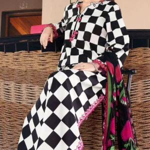 Elegant All-Over Checkerboard Print Embroidered Lawn 3Pc Unstitched Dress with Chiffon Dupatta – Summer Collection 2026 - Image 2