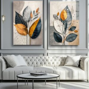 Modern 2-Piece Abstract Flower Wall Frame Set – Navy, Mustard & Gray Leaf Designs - Image 1