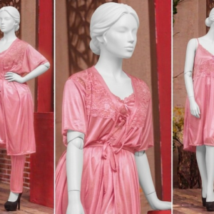 3 Pcs Luxury Silk Nightwear Set with Lace Trim – Satin Sleepwear for Women Free Size - Image 1