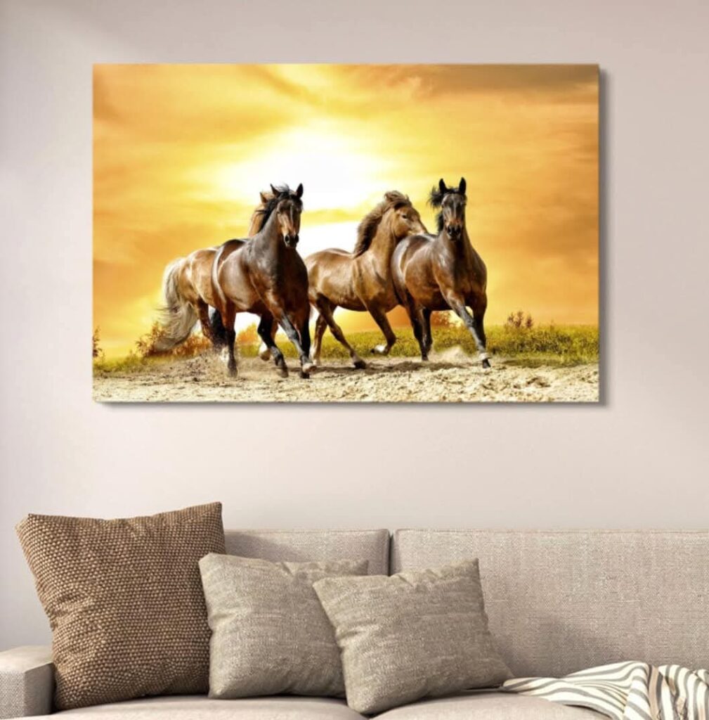 Golden Sunset Running Horses Canvas Art | Seven Horses Vastu Wall Decor | Artistic Animal Painting for Home | 12x16 Inches