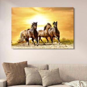 Golden Sunset Running Horses Canvas Art | Seven Horses Vastu Wall Decor | Artistic Animal Painting for Home | 12x16 Inches - Image 1