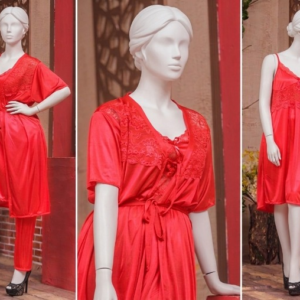 3 Pcs Luxury Silk Nightwear Set with Lace Trim – Satin Sleepwear for Women Free Size - Image 2