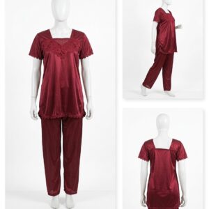 2 Pcs Premium Silk Lace Women's Sleepwear Set T-Shirt & Trouser Nightwear (Free Size) - Image 4