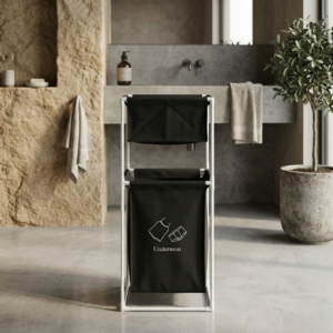 Fabric Laundry Hamper With Dual Compartments And White Metal Frame For Organized Clothing And Underwear Storage - Image 3