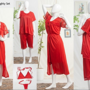6 PCs Bridal Satin Nighty Set with Matching Thong & Bralette Free Size - Image 1