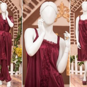3 Pcs Premium Silk Satin Nightwear Set with Lace Trim for Women – Camisole, Shorts & Robe | Free Size - Image 2