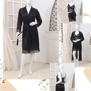 Women's Luxury Silk Nightwear Set with Black Lace – 3 Piece Robe & Slip Dress SKU R-011 Free Size - Image 1