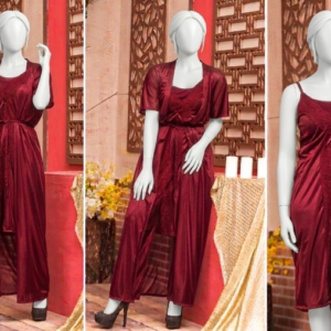 3 Pcs Premium Silk Nightwear Set With Lace | Satin Camisole & Shorts Sleepwear Free Size - Image 3