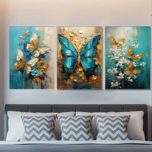 Luxury 3-Piece Butterfly & Floral Wall Frame Set – Textured Gold & Blue Art for Modern Bedrooms - Image 1
