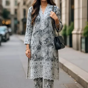ANEELA’S Luxury Embroidered Lawn 3 Piece Unstitched Suit – Grey Floral Summer Collection - Image 1
