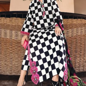 Elegant All-Over Checkerboard Print Embroidered Lawn 3Pc Unstitched Dress with Chiffon Dupatta – Summer Collection 2026 - Image 1