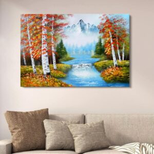 Autumn Mountain River Canvas Art | Scenic Nature Landscape Wall Decor | Artistic Forest Painting for Home | 12x16 Inches - Image 1