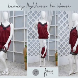 Women's Silk Nightwear Set with Black Lace – 2 Piece Cami Top & Shorts Sleepwear (Free Size) [SKU R-012] - Image 1