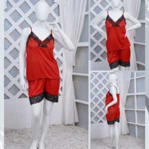 Women's Silk Nightwear Set with Black Lace – 2 Piece Cami Top & Shorts Sleepwear (Free Size) [SKU R-012] - Image 3