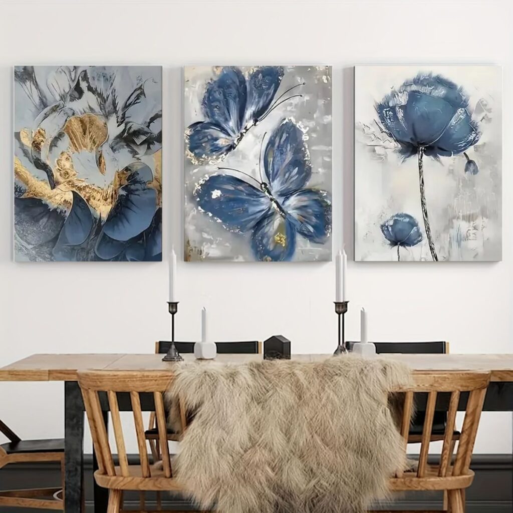 Elegant 3-Piece Flower Wall Frame Set – Blue & Gold Abstract Art for Modern Décor