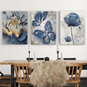 Elegant 3-Piece Flower Wall Frame Set – Blue & Gold Abstract Art for Modern Décor - Image 1