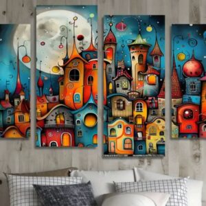 Abstract Fantasy City Wall Art Canvas Set – Colorful Modern Decorative Panels (Size : 2pcs 8*14 & 2pcs 8*16) - Image 1