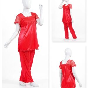 2 Pcs Premium Silk Lace Women's Sleepwear Set T-Shirt & Trouser Nightwear (Free Size) - Image 1
