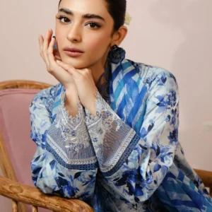 Malina Embroidered Luxury Lawn Unstitched 3Pc Suit – Ice Blue Floral Digital Print with Chiffon Dupatta - Image 3
