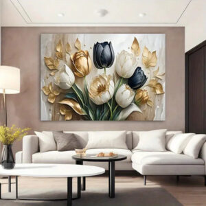 Modern 3D Effect Luxury Floral Wall Art Frame Featuring Golden and Black Tulips Abstract Oil Painting Style Decor Size 12x16 with Double Sided Tape - Image 1