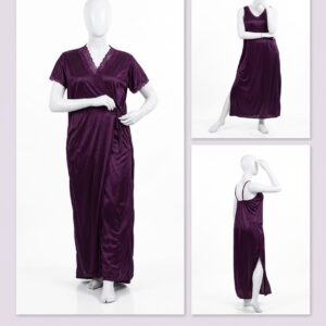 2 Pcs Premium Silk Lace Women's Sleepwear Set Inner & Gown Nightwear (Size Free) - Image 1