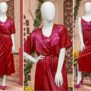 2 Pcs Luxury Satin & Lace Robe Nighty Set – Sensual Silk Gown for Women SKU R-003 Free Size - Image 1