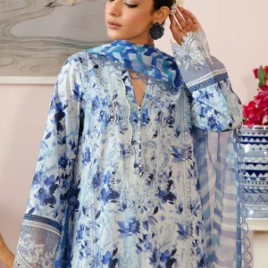 Malina Embroidered Luxury Lawn Unstitched 3Pc Suit – Ice Blue Floral Digital Print with Chiffon Dupatta - Image 2