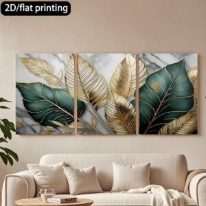 Modern 3-Piece Tropical Leaf Wall Frame Set – Gold & Green on Marble Background - Image 1